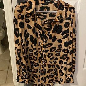 BTFBM Women's Leopard Print Blouse - Black and Tan